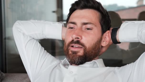 Successful Satisfied Young Male Company Director Relaxing Workplace Taking Break — Stockvideo