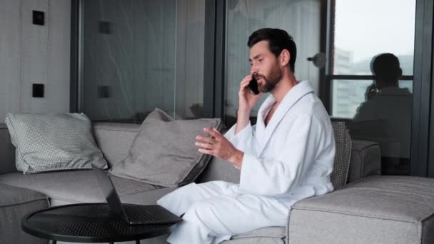 Bearded Businessman Bathrobe Having Mobile Phone Call Chat Man Sitting — Stok video
