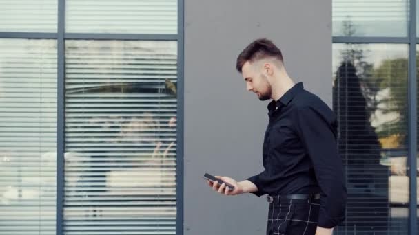 Side View Young Business Man Walking Outdoor Looking Mobile Phone — Stock Video