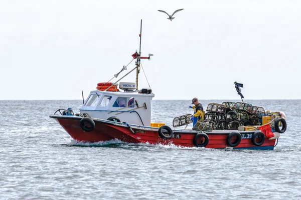 Instellen van de kreeft potten van een vissersboot in de buurt van craster — Stockfoto