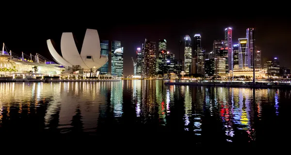 Singapurs Skyline in der Nacht beleuchtet — Stockfoto