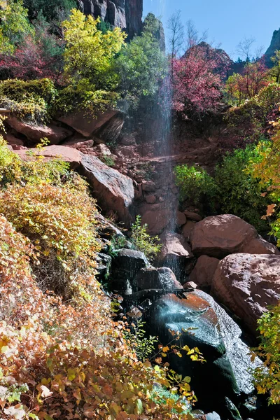 Farbenfrohes Herbstlaub und Wasserfall in Zion — Stockfoto