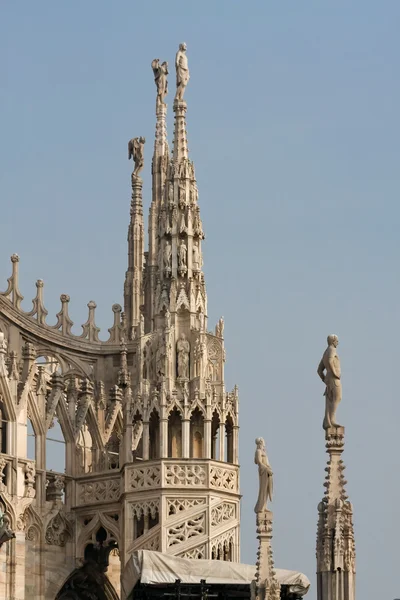 Närbild på några spiror och statyer av katedralen Duomo — Stockfoto