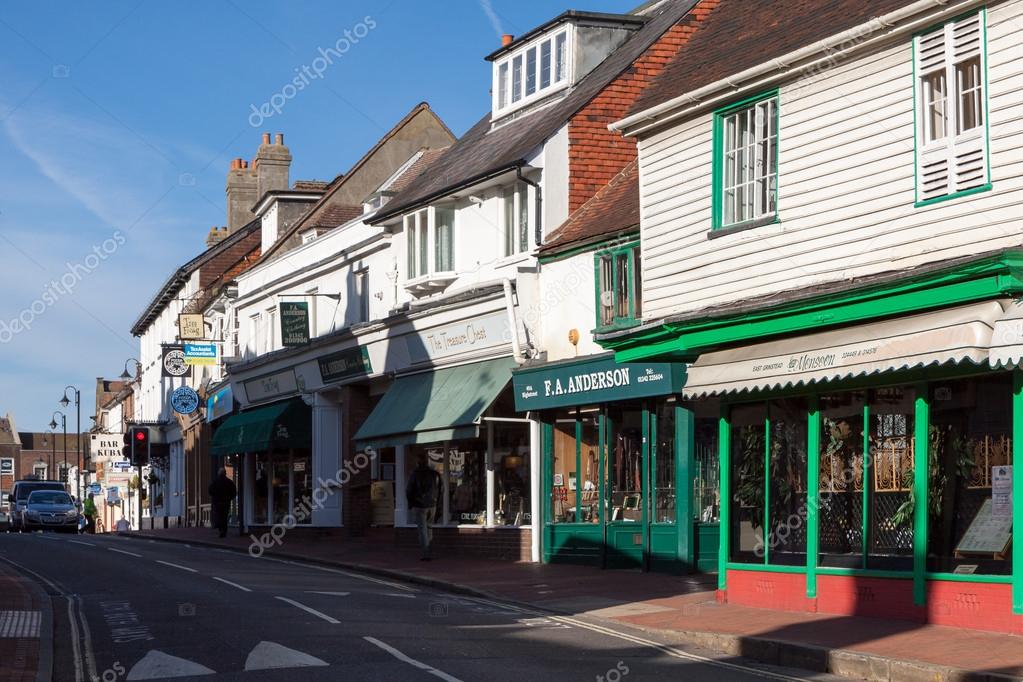 View of High Street shops in East Grinstead West Sussex Stock