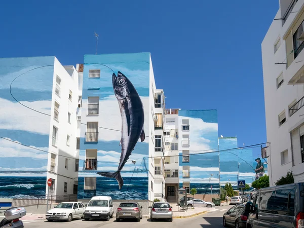 Fishing Day mural by Jose Fernandez Rios in Estepona Spain — Stock Photo, Image