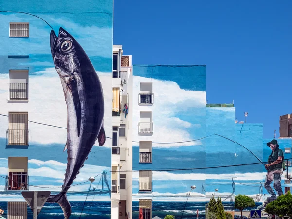 Fishing Day mural by Jose Fernandez Rios in Estepona Spain — Stock Photo, Image