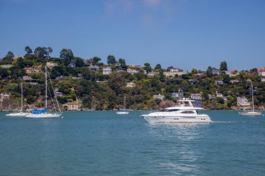 SAUSALITO, CALIFORNIA, ABD - 6 Ağustos 2011 tarihinde Sausalito, Kaliforniya 'da marinaya yaklaşan motorlu kruvazör. Kimliği belirsiz iki kişi.