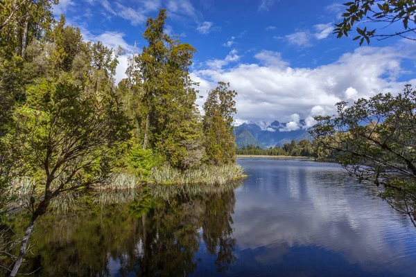 Vista Panorâmica Lago Matheson Nova Zelândia Verão — Fotografia de Stock