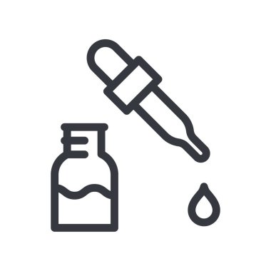 Black linear medical icon of medical bottle with solution and pipette isolated on transparent background. Outline icon clipart