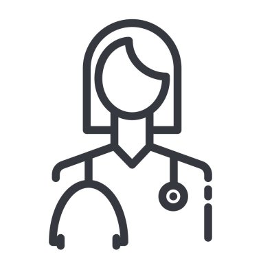 Şeffaf arka planda izole edilmiş bir doktorun siyah doğrusal tıbbi simgesi. Özet simgesi