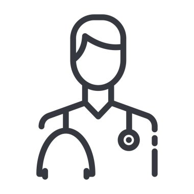 Şeffaf arka planda izole edilmiş bir doktorun siyah doğrusal tıbbi simgesi. Özet simgesi