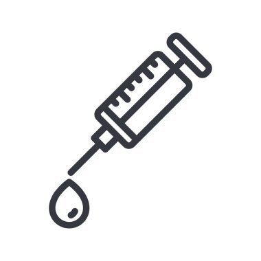 Beyaz arkaplanda siyah doğrusal tıbbi şırınga simgesi izole