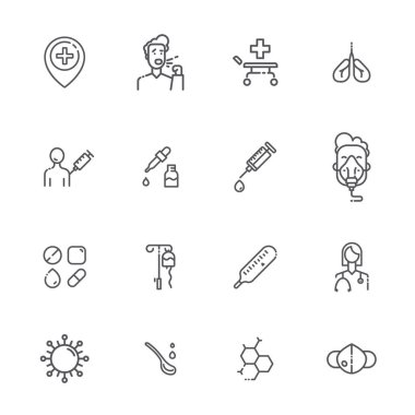 Siyah doğrusal tıbbi simge seti şeffaf arkaplanda izole edildi.