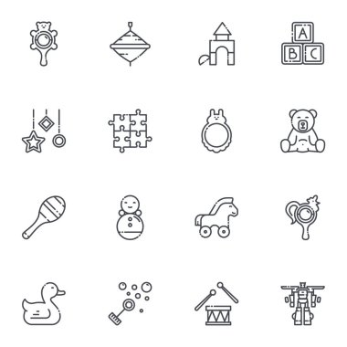 Şeffaf arkaplanda izole edilmiş vektör çocukluk çizgisi simgeleri. Bebek oyuncakları ve bebek eşyaları sembolleri