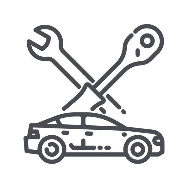 Vector line icon of a service repair tools wrench and a car side view isolated on transparent background.
