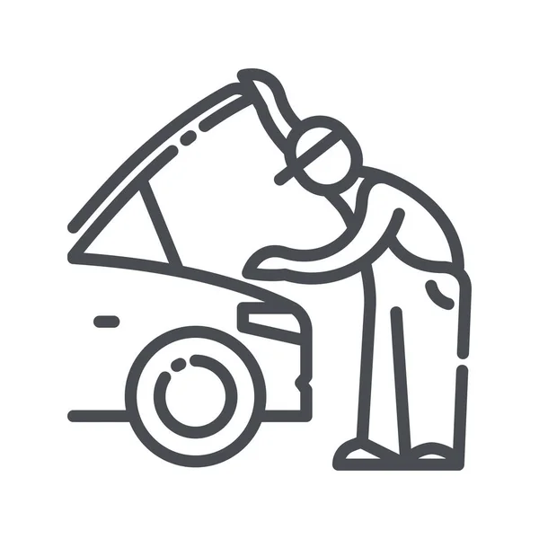 Vektor Liniensymbol Einer Tankstelle Und Ein Automechaniker Unter Der Motorhaube — Stockvektor