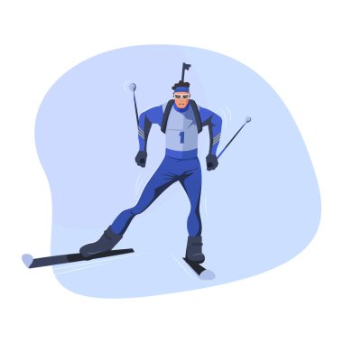 Biatlet kayak vektörü düz tasarım illüstrasyonunun ön görünümü.