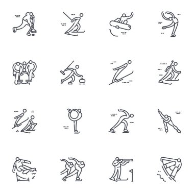 Vektör kış sporları ikonu hazır. Snowboard, kayak, artistik patinaj, biatlon, kayak atlayışı, kızak ve şeffaf arkaplanda izole edilmiş diğer yarışma sembolleri.