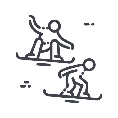 Snowboard vektör çizgisi simgesi şeffaf arkaplanda izole edildi. Snowboardcu yan görünümü.