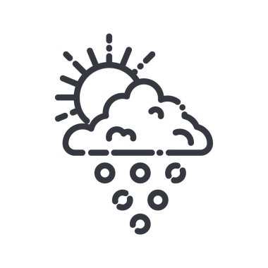 Şeffaf arkaplanda izole edilmiş bir hava tahmininin vektör çizgisi simgesi. Bulutlu gökyüzü güneş ve dolu ile