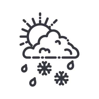 Şeffaf arkaplanda izole edilmiş bir hava tahmininin vektör çizgisi simgesi. Bulutlu gökyüzü güneş, yağmur ve karla