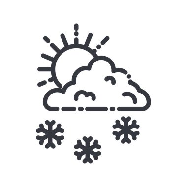 Şeffaf arkaplanda izole edilmiş bir hava tahmininin vektör çizgisi simgesi. Bulutlu gökyüzü güneş ve kar taneleriyle