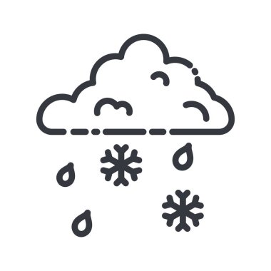 Şeffaf arkaplanda izole edilmiş bir hava tahmininin vektör çizgisi simgesi. Yağmurlu ve karlı bulutlu gökyüzü