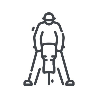 Beyaz şeffaf arkaplanda izole edilmiş hidrolik kırıcı çizgi simgesi kullanan işçiler. İnşaat endüstrisinin sembolü