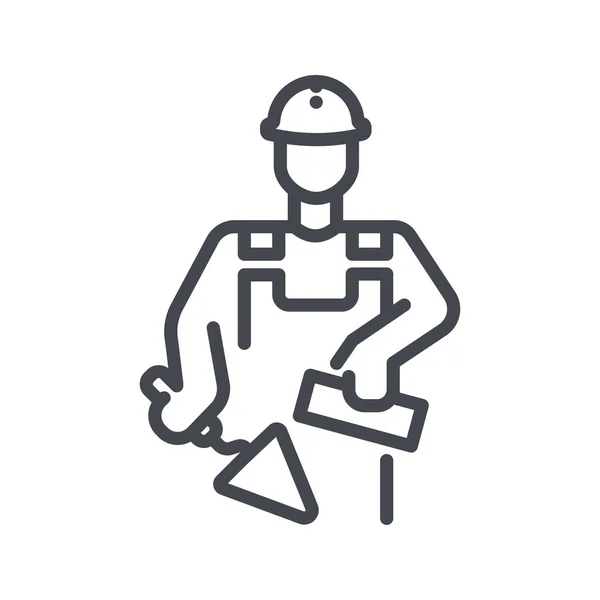 Construction Worker Holding Trowel Brick Line Icon Isolated White Transparent — Stock Vector