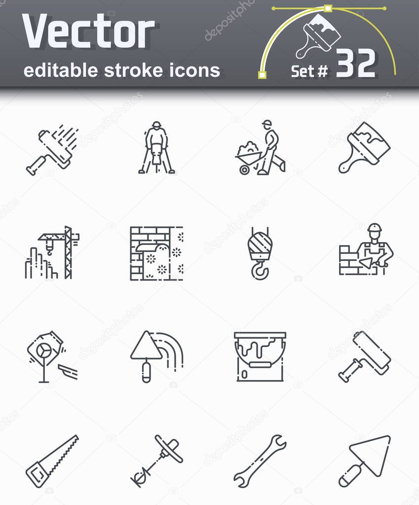 Set of editable stroke vector construction line icons isolated on white transparent background.