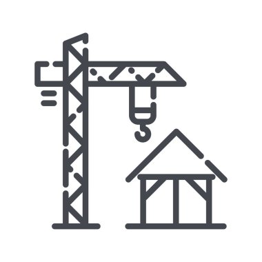 Beyaz şeffaf arkaplanda kule vinç çizgisi kenar görüntüsü izole edildi. İnşaat endüstrisinin sembolü.