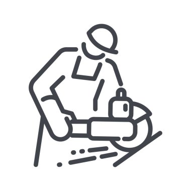 Beyaz şeffaf arkaplanda izole edilmiş öğütme aracı satır simgesi kullanan işçiler. İnşaat endüstrisinin sembolü