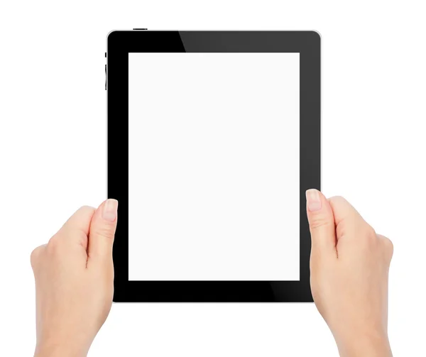 Manos femeninas sosteniendo un dispositivo de computadora táctil tableta con pantalla aislada —  Fotos de Stock