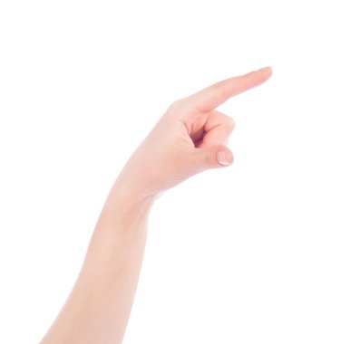 Kadın eli sanal ekrana dokunuyor. Beyazda izole edilmiş.