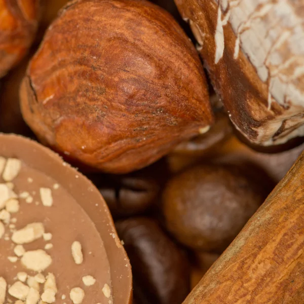 Koffiebonen, kaneel en noten — Stockfoto