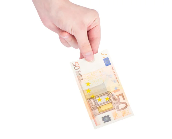 Dinero (euros) en una mano aislada sobre blanco — Foto de Stock