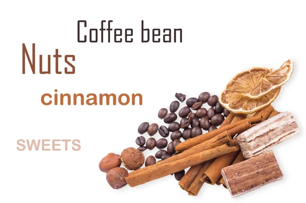 Coffee beans, cinnamon and lemon — Stock Photo, Image