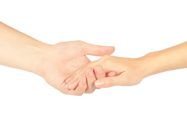 Dando la mano a dos personas, hombre y mujer, aislados en blanco . —  Fotos de Stock