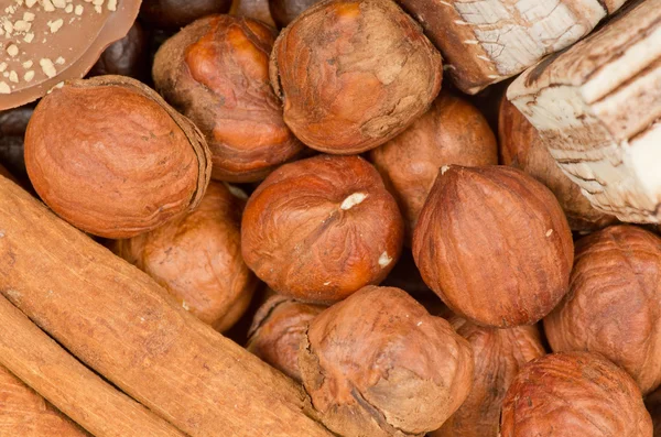 Granos de café, canela y nueces — Foto de Stock