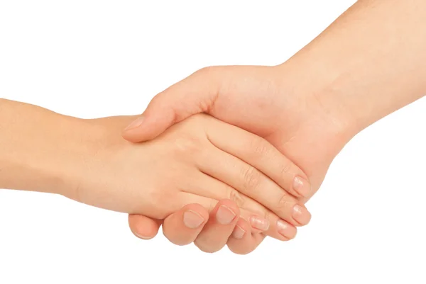 Shaking hands of two people, man and woman, isolated on white. Royalty Free Stock Images