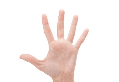 kadın el veya üzerinde beyaz izole beş numaralı açma