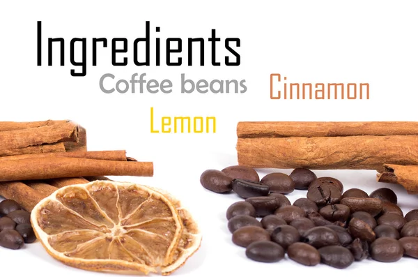 Cinnamon, lemon and coffee beans — Stock Photo, Image