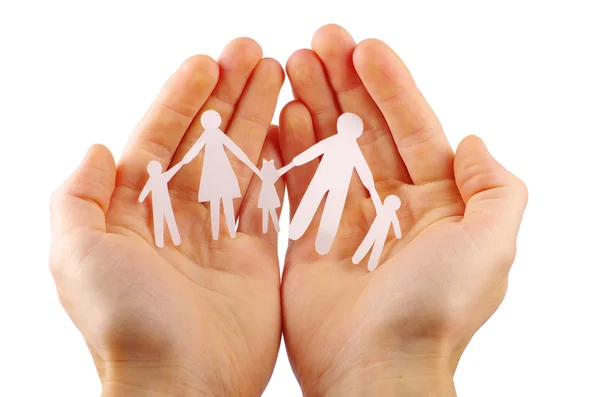 Paper family in hands isolated on white background — Stock Photo, Image