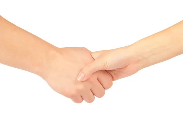 Shaking hands of two people, man and woman, isolated on white. — Stock Photo, Image