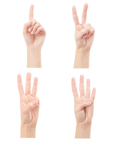 Counting woman hands (1 to 4) isolated on white background — Stock Photo, Image