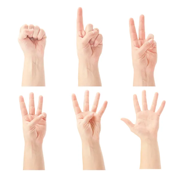 Liczenia mężczyzna ręce (0-5) na białym tle — Zdjęcie stockowe