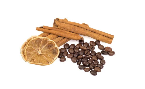 Granos de café, canela y limón — Foto de Stock