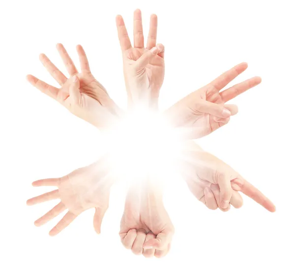 Zählen von Menschenhänden (0 bis 5) isoliert auf weißem Hintergrund — Stockfoto
