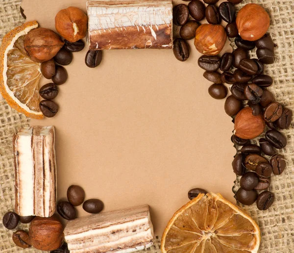 Old paper for recipes and spices on burlap closeup — Stock Photo, Image