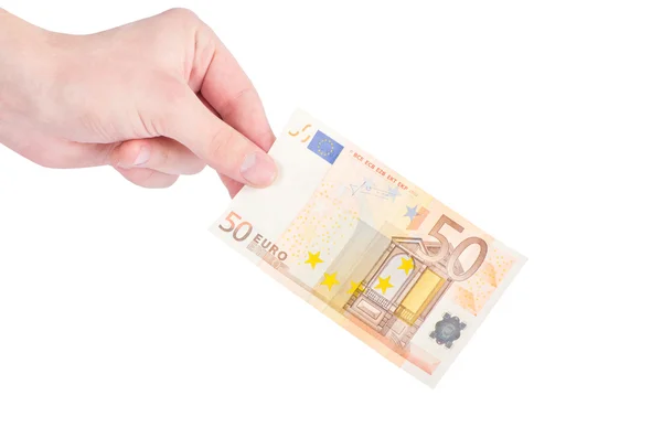 Dinero (euros) en una mano aislada sobre blanco — Foto de Stock